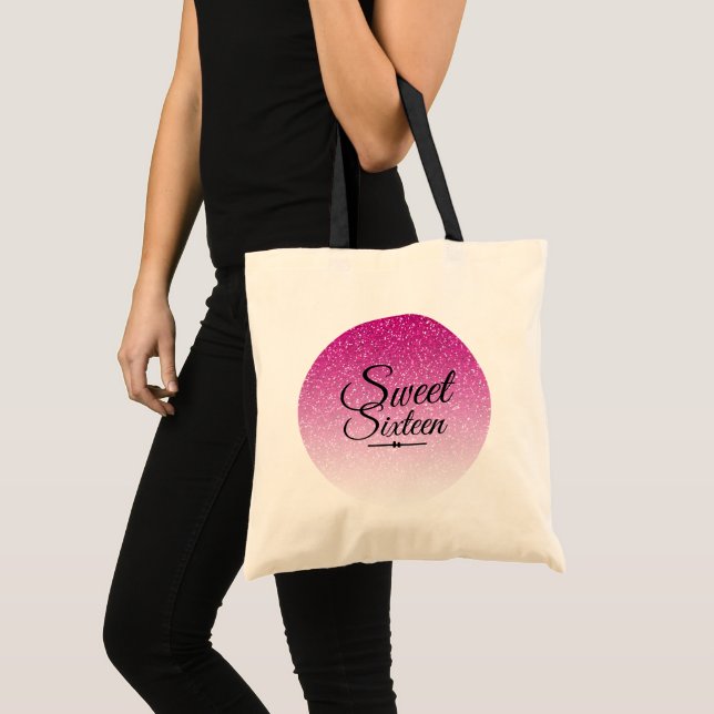 Sweet 16 Hot Pink Glitter Ombre 16th Birthday Tote Bag (Front (Product))