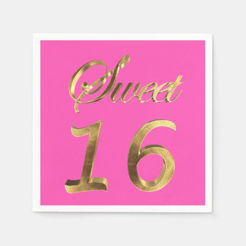Sweet 16 Hot Pink Gold Look Typography Elegant Napkins