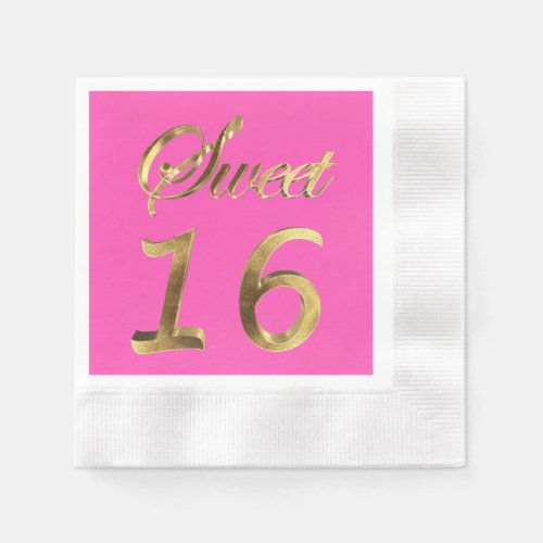 Sweet 16 Hot Pink Gold Look Typography Elegant Paper Napkins