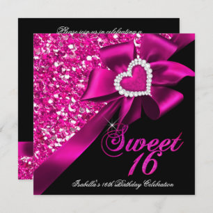 Sweet 16 Hot Pink Heart Bow Black Party Invitation