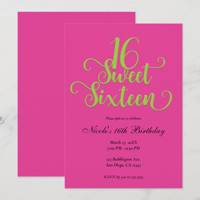 Sweet 16 Hot Pink & Lime Green Birthday Party   Invitation (Front/Back)