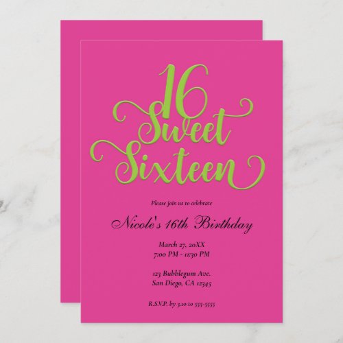 Sweet 16 Hot Pink  Lime Green Birthday Party   Invitation