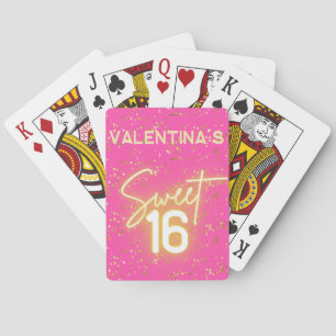 Sweet 16 Hot Pink Neon Glow Gold Glitter Birthday Poker Cards