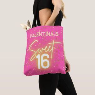 Sweet 16 Hot Pink Neon Glow Gold Glitter Birthday Tote Bag