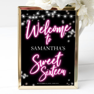 Sweet 16 Hot Pink Neon Themed Welcome Sign