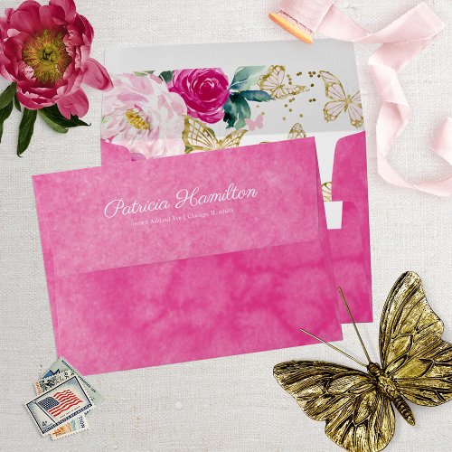 Sweet 16 Hot Pink Watercolor Butterfly Floral Envelope