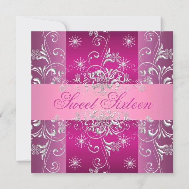 Sweet 16 Hot Pink/White Snowflake Birthday Invite (Front)