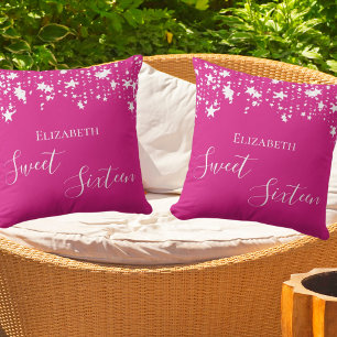 Sweet 16 hot pink white stars name throw pillow