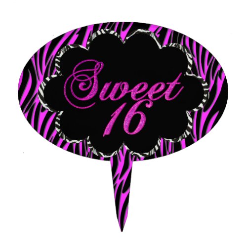 Sweet 16 Hot Pink Zebra Black White For Cake Cake Topper