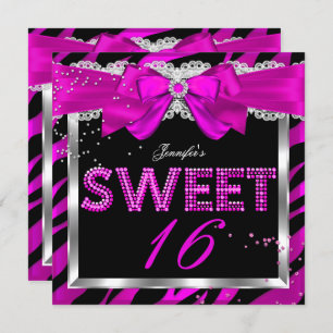 Sweet 16 Hot Pink Zebra Glitter Glam Birthday Invitation
