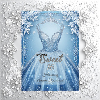 Sweet 16 Icy Blue Silver Winter Frost Snowflakes  Invitation