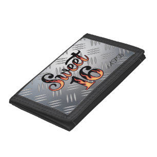 Sweet 16 In Fire Flames and Silver Plate Gift Tri-fold Wallet