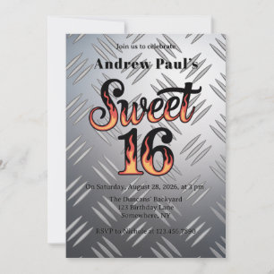Sweet 16 In Flames and Silver Plate Birthday Party Invitation