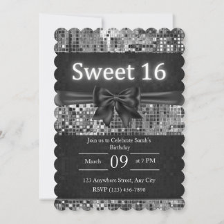 Sweet 16 Invitation - Black and Silver Bow