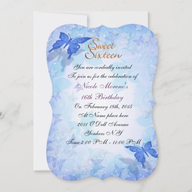 Sweet 16 invitation Blue butterflies (Front)