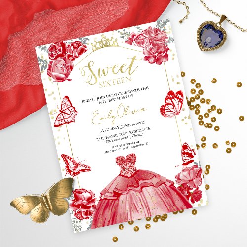  Sweet 16 Invitation Butterfly Red Dress Floral