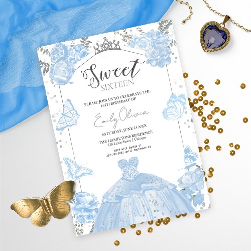  Sweet 16 Invitation Dusty Blue Dress Butterfly 
