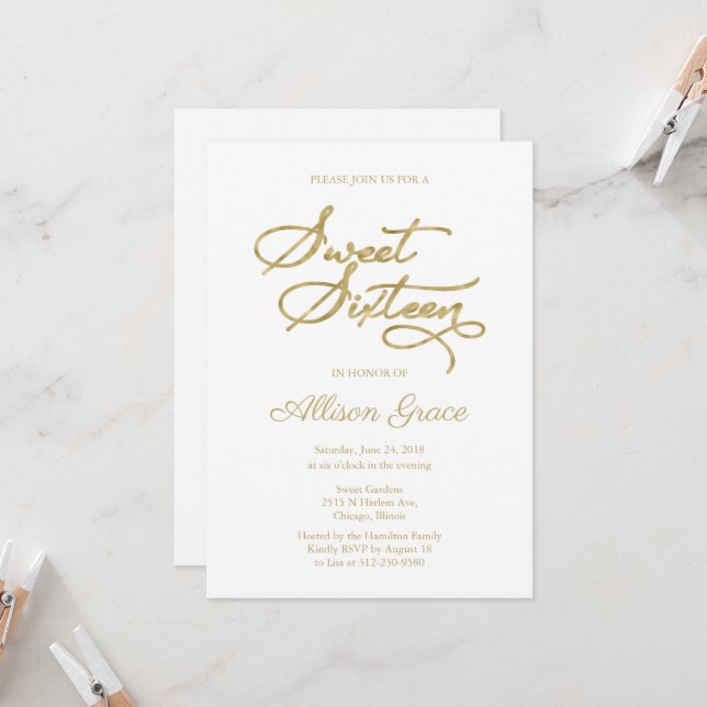 Sweet 16 Invitation Elegant Gold Calligraphy (Front/Back In Situ)