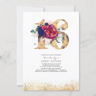 Sweet 16 Invitation Gold Burgundy and Navy Blue