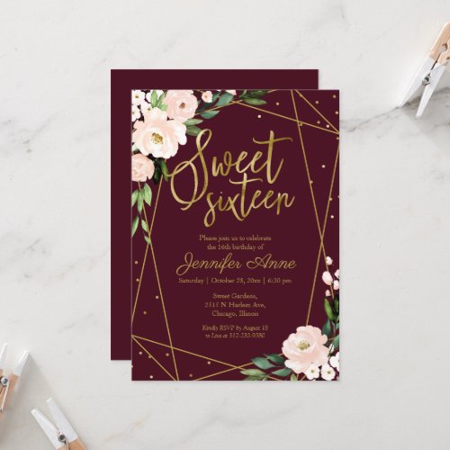 Sweet 16 Invitation Gold Burgundy Blush Floral