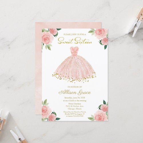Sweet 16 Invitation Gold Foil Pink Blush Gown