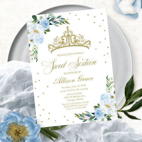 Sweet 16 Invitation Gold Tiara Dusty Blue Floral