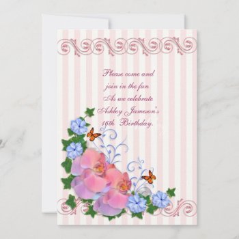 Sweet 16 Invitation Orchids And Stripes by Irisangel at Zazzle