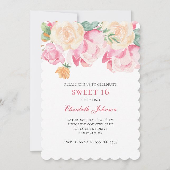Sweet 16 invitation. Pink flowers 16th birthday Invitation (Front)