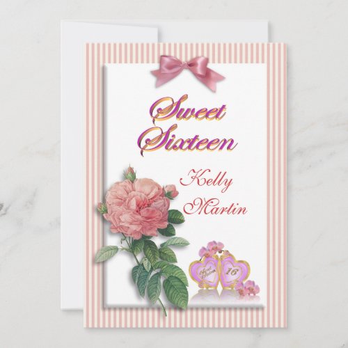 Sweet 16 invitation pink rose and stripes