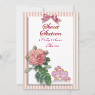 Sweet 16 invitation pink rose and stripes
