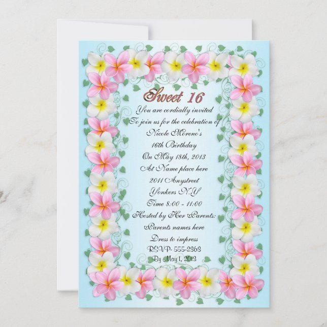 Sweet 16 Invitation Plumeria border (Front)