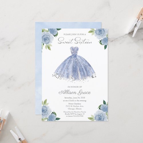 Sweet 16 Invitation Silver Foil Dusty Blue Gown