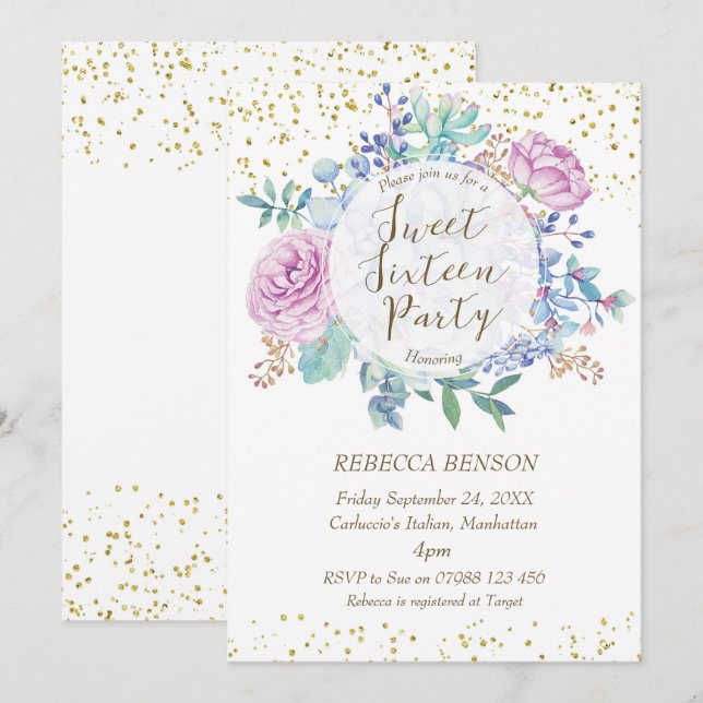Sweet 16 invitation succulents faux gold confetti (Front/Back)