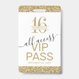Sweet 16 Invitation VIP Pass White and Gold Badge