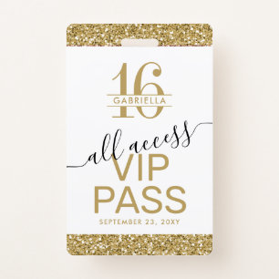Sweet 16 Invitation VIP Pass White and Gold Badge