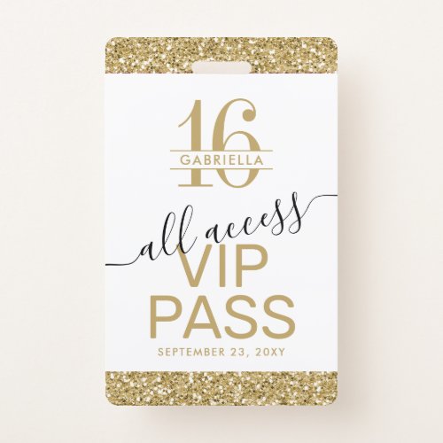 Sweet 16 Invitation VIP Pass White and Gold Badge