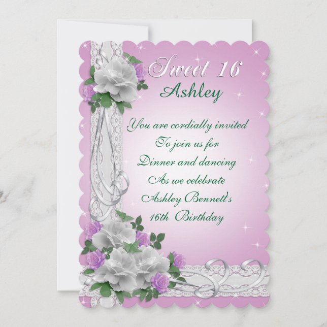 Sweet 16 invitation white roses and lace pink (Front)
