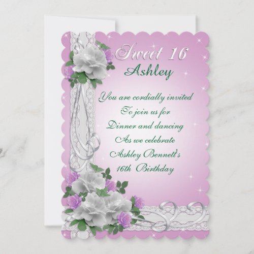 Sweet 16 invitation white roses and lace pink