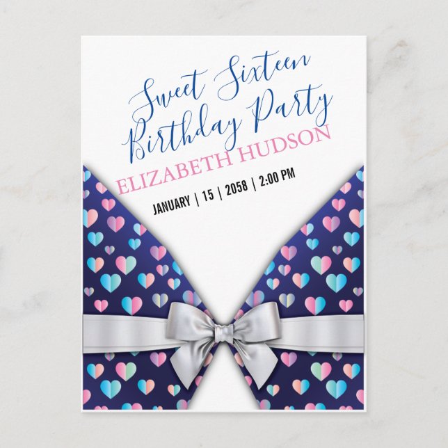 Sweet 16 Invitation with Colorful Speckles and Bow Postcard (Front)