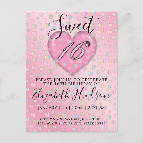 Sweet 16 Invitation with Pink Heart and Speckles