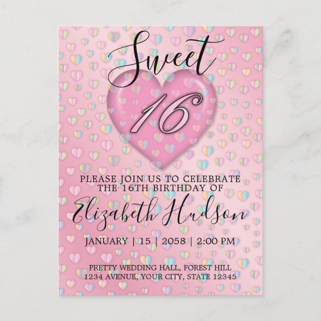 Sweet 16 Invitation with Pink Heart and Speckles Postcard (Front)