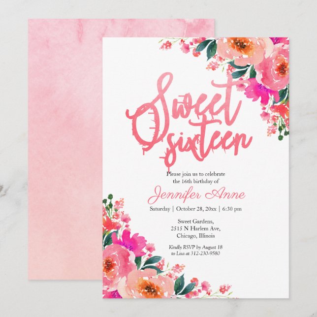 Sweet 16 Invitations Hot Pink Floral (Front/Back)