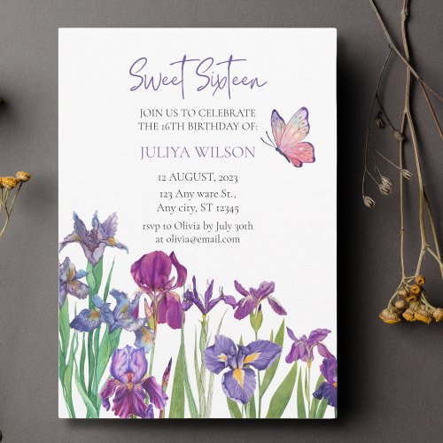 Sweet 16 iris flower calligraphy invitation