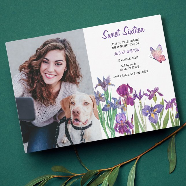 Sweet 16 Iris flower Photo Birthday  Invitation (Creator Uploaded)