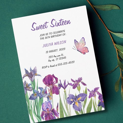 Sweet 16 Iris flower purple Birthday  Invitation