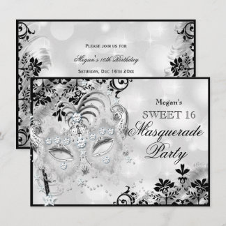 Sweet 16 Jewel Mask & Damask Silver Masquerade Invitation