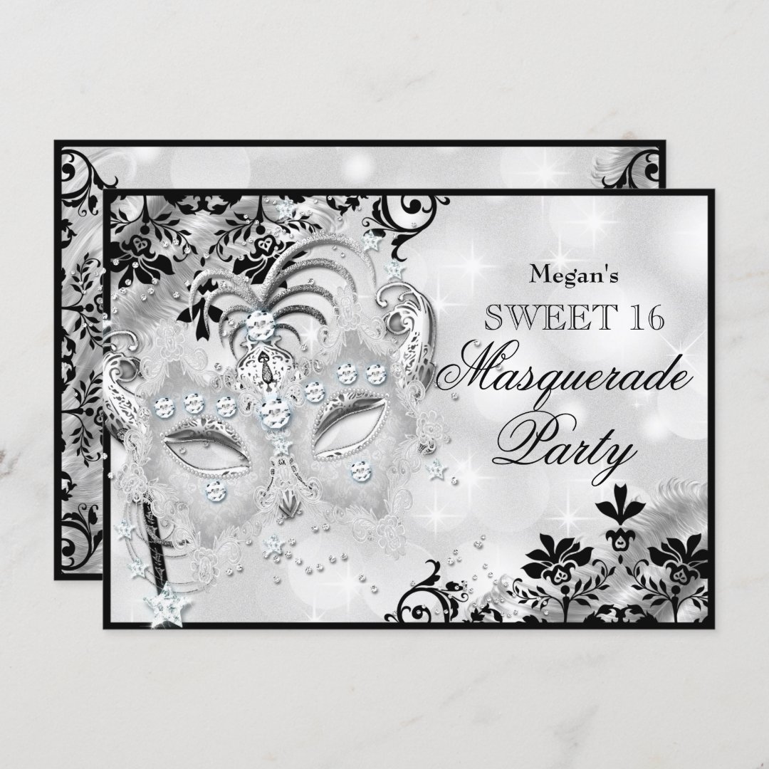 Sweet 16 Jewel Mask And Damask Silver Masquerade Invitation Zazzle