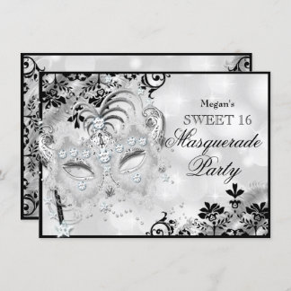 Sweet 16 Jewel Mask & Damask Silver Masquerade Invitation