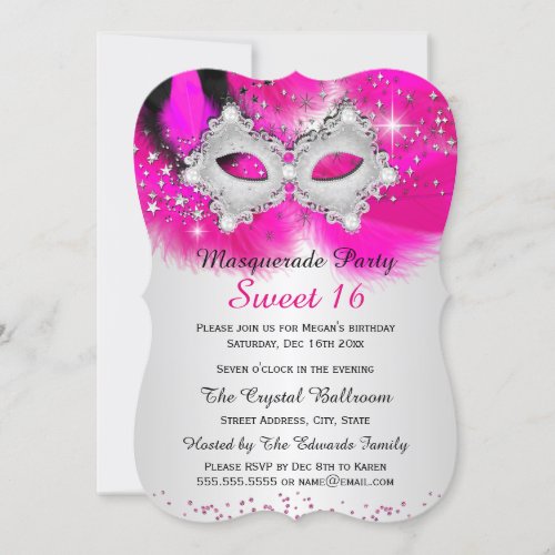 Sweet 16 Lace Mask Hot Pink Silver Masquerade Invitation