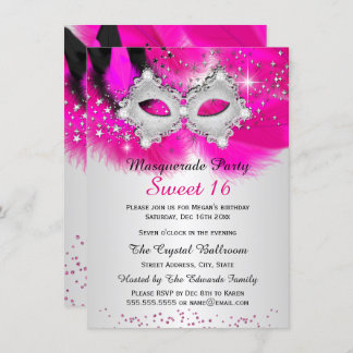 Sweet 16 Lace Mask Hot Pink Silver Masquerade Invitation